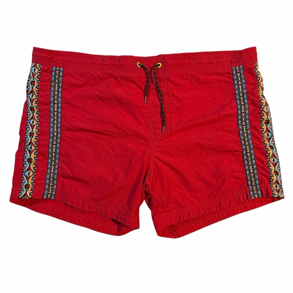 Guess Men's Red Athletic Swim Shorts with Patterned Stripes Large
